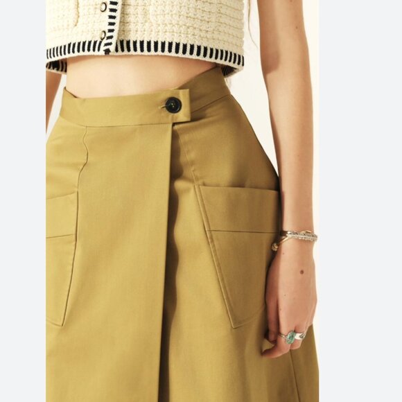 NWT BA&SH BASTIEN KNEE LENGTH WRAPOVER SKIRT IN KHAKI - Picture 4 of 7